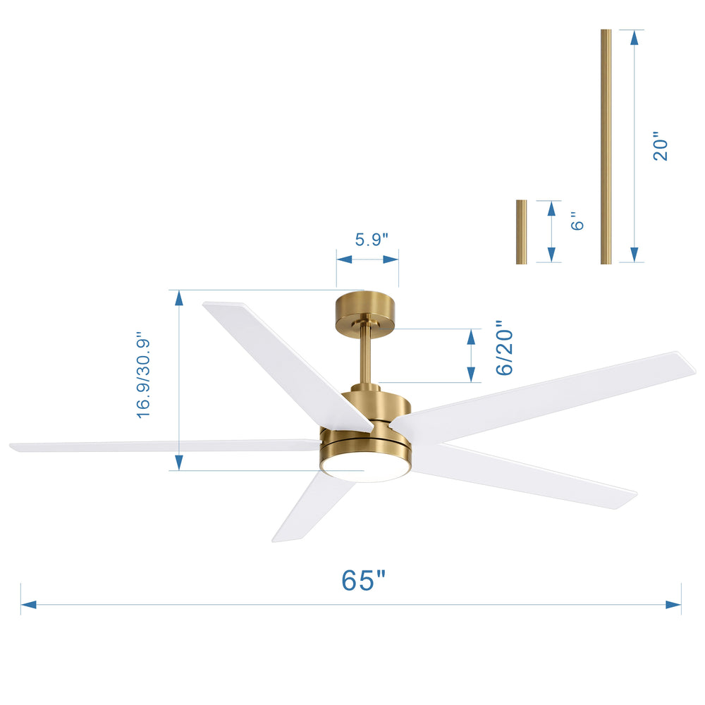 65-inch 5-Blade LED Ceiling Fan with Light and Remote，6" downrod and 20" downrod Included