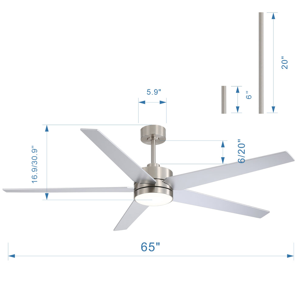 65-inch 5-Blade LED Ceiling Fan with Light and Remote，6" downrod and 20" downrod Included