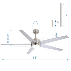 65-inch 5-Blade LED Ceiling Fan with Light and Remote，6" downrod and 20" downrod Included