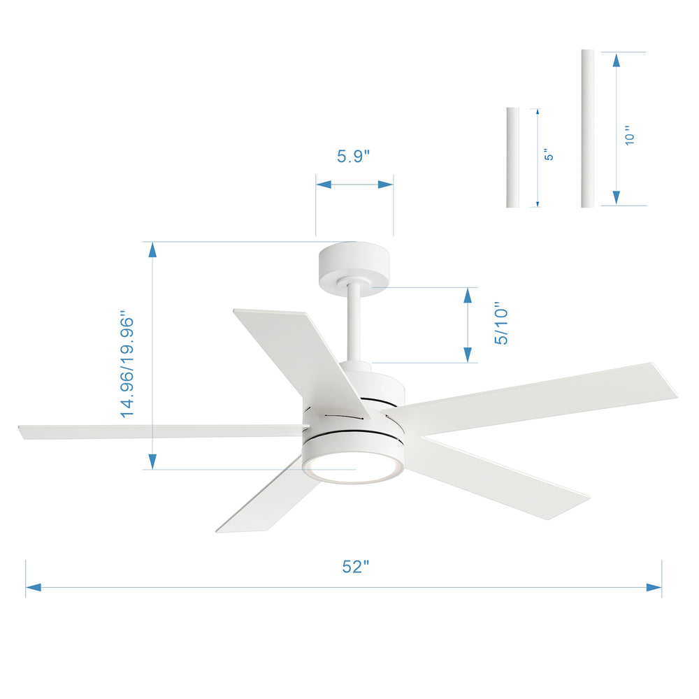 52-Inch 5-Blade LED Ceiling Fan with Light Remote,5" and 10" Downrod Included