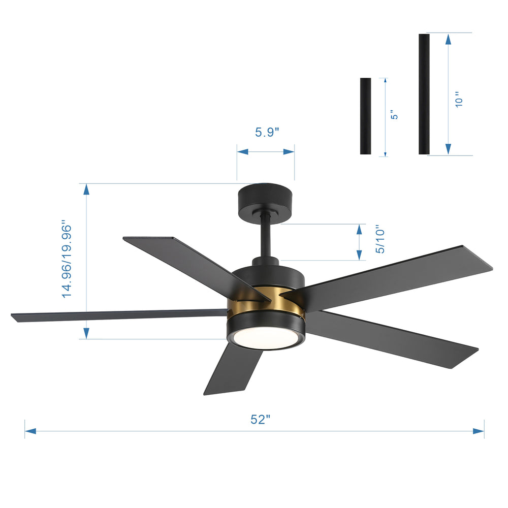 52-Inch 5-Blade LED Ceiling Fan with Light Remote,5" and 10" Downrod Included