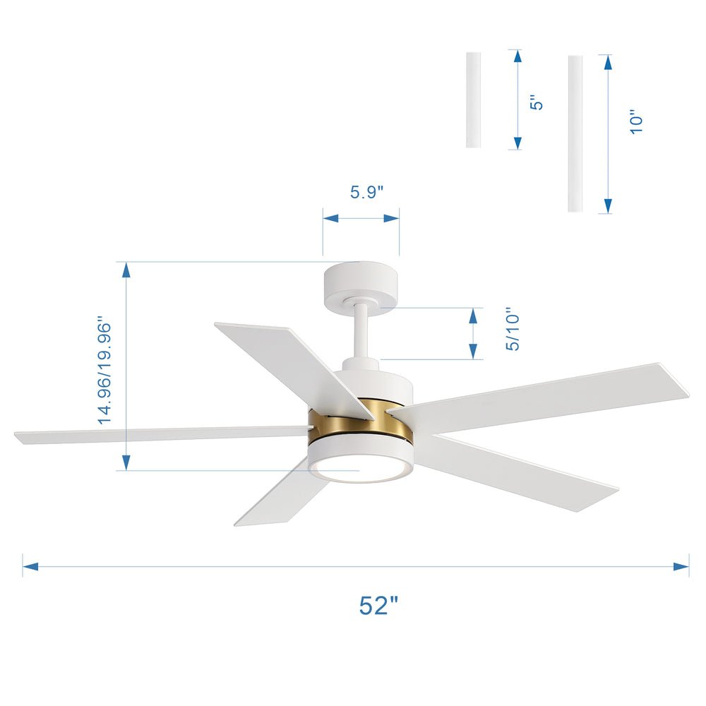 52-Inch 5-Blade LED Ceiling Fan with Light Remote,5" and 10" Downrod Included