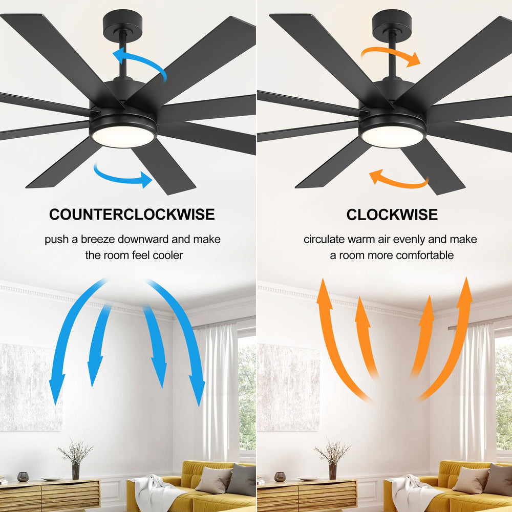 65-inch Large 8 Blade LED Ceiling Fan with Light, Remote Control and Two Downrods (6" & 20")