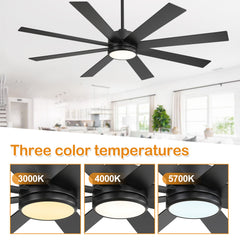 Large 65" LED Ceiling Fan with 8 Blades, Remote, Light, and Downrod Included