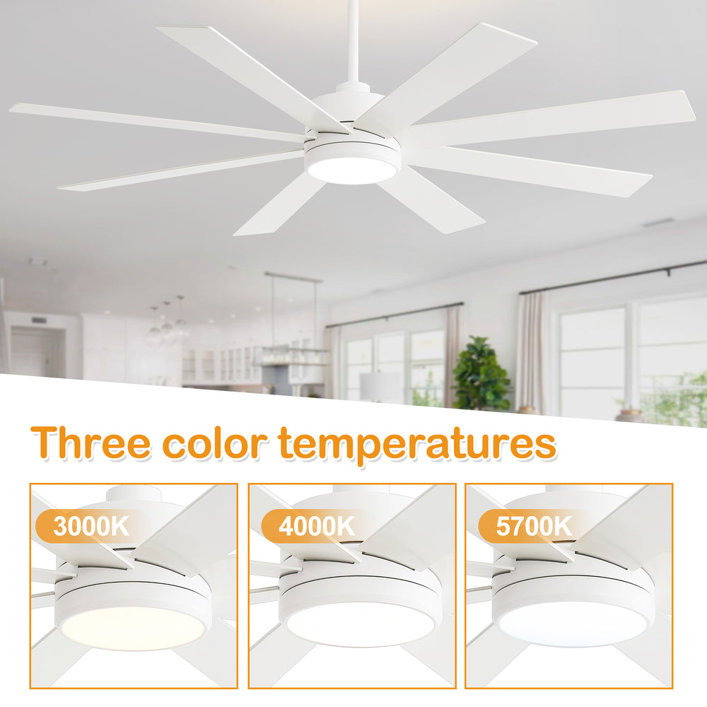 65-inch Large 8 Blade LED Ceiling Fan with Light, Remote Control and Two Downrods (6" & 20")