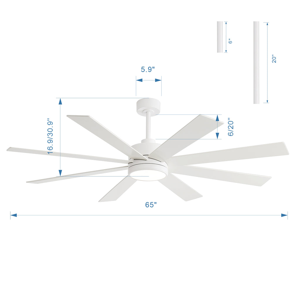 65-inch Large 8 Blade LED Ceiling Fan with Light, Remote Control and Two Downrods (6" & 20")