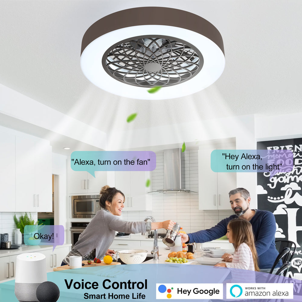 Flush Mount Ceiling Fan with Lights 20 inch Smart Bladeless Low Profile Ceiling Fans with Alexa/Google Assistant/App Control RGB Back Ambient Light