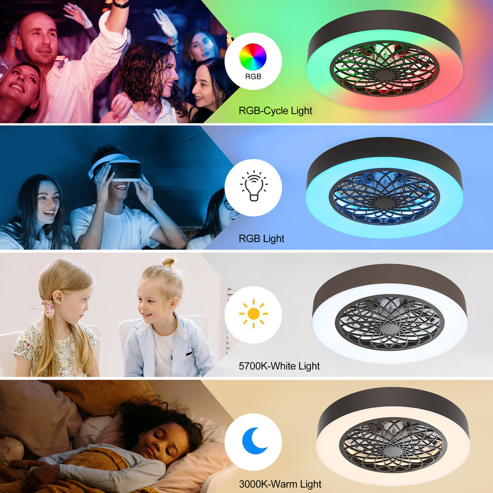 Flush Mount Ceiling Fan with Lights 20 inch Smart Bladeless Low Profile Ceiling Fans with Alexa/Google Assistant/App Control RGB Back Ambient Light