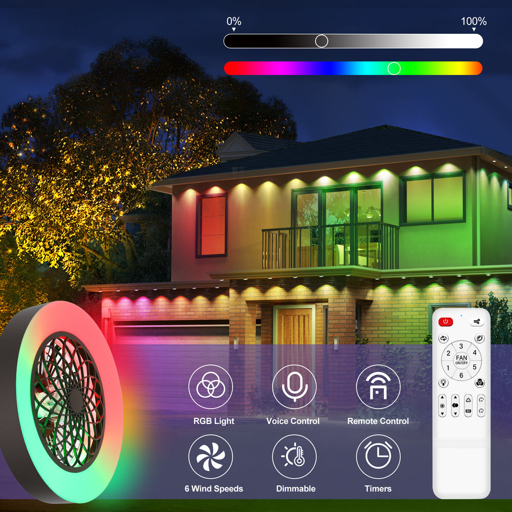 Flush Mount Ceiling Fan with Lights 20 inch Smart Bladeless Low Profile Ceiling Fans with Alexa/Google Assistant/App Control RGB Back Ambient Light