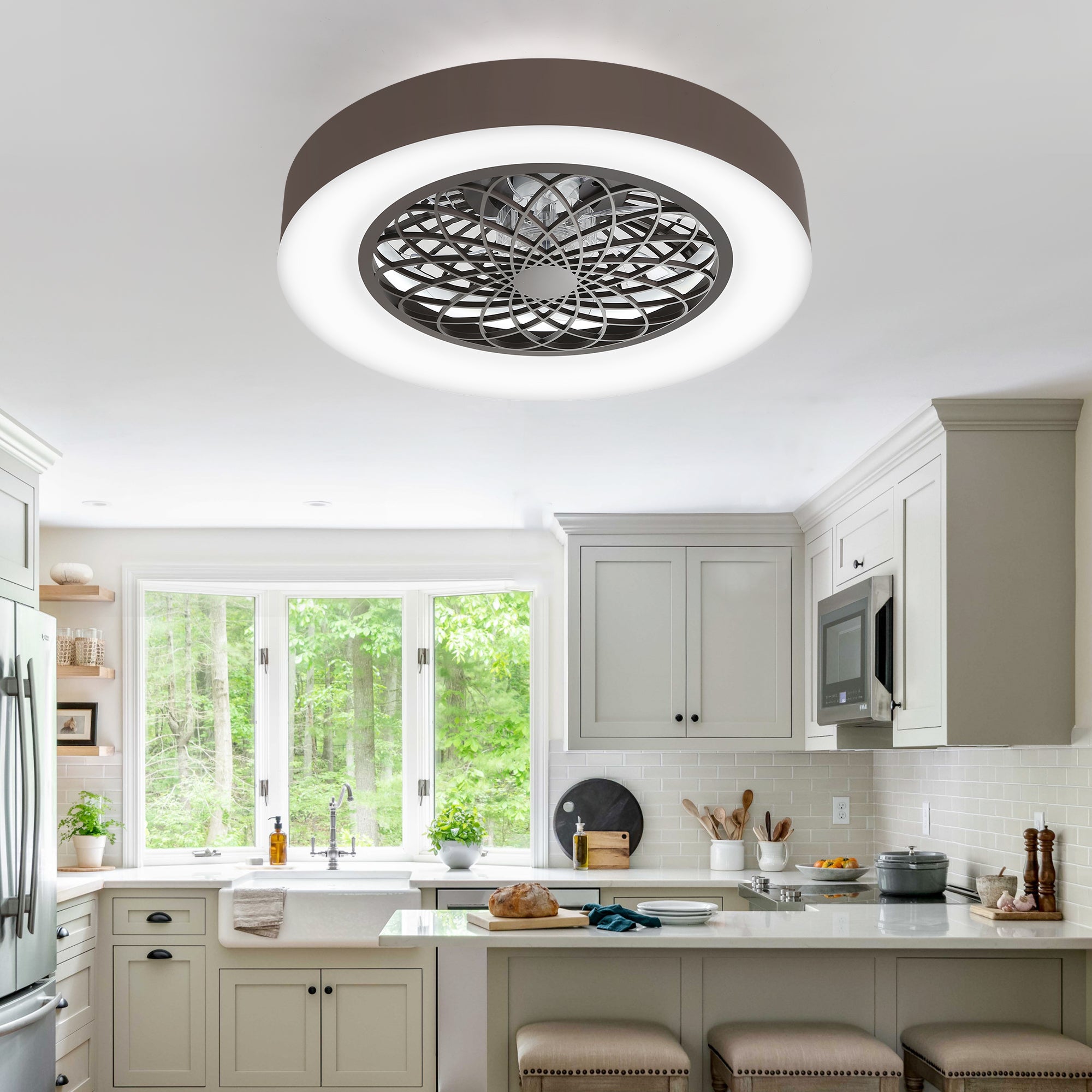 Alvon 20 inch smart flush mount ceiling fan with light installed in a kitchen