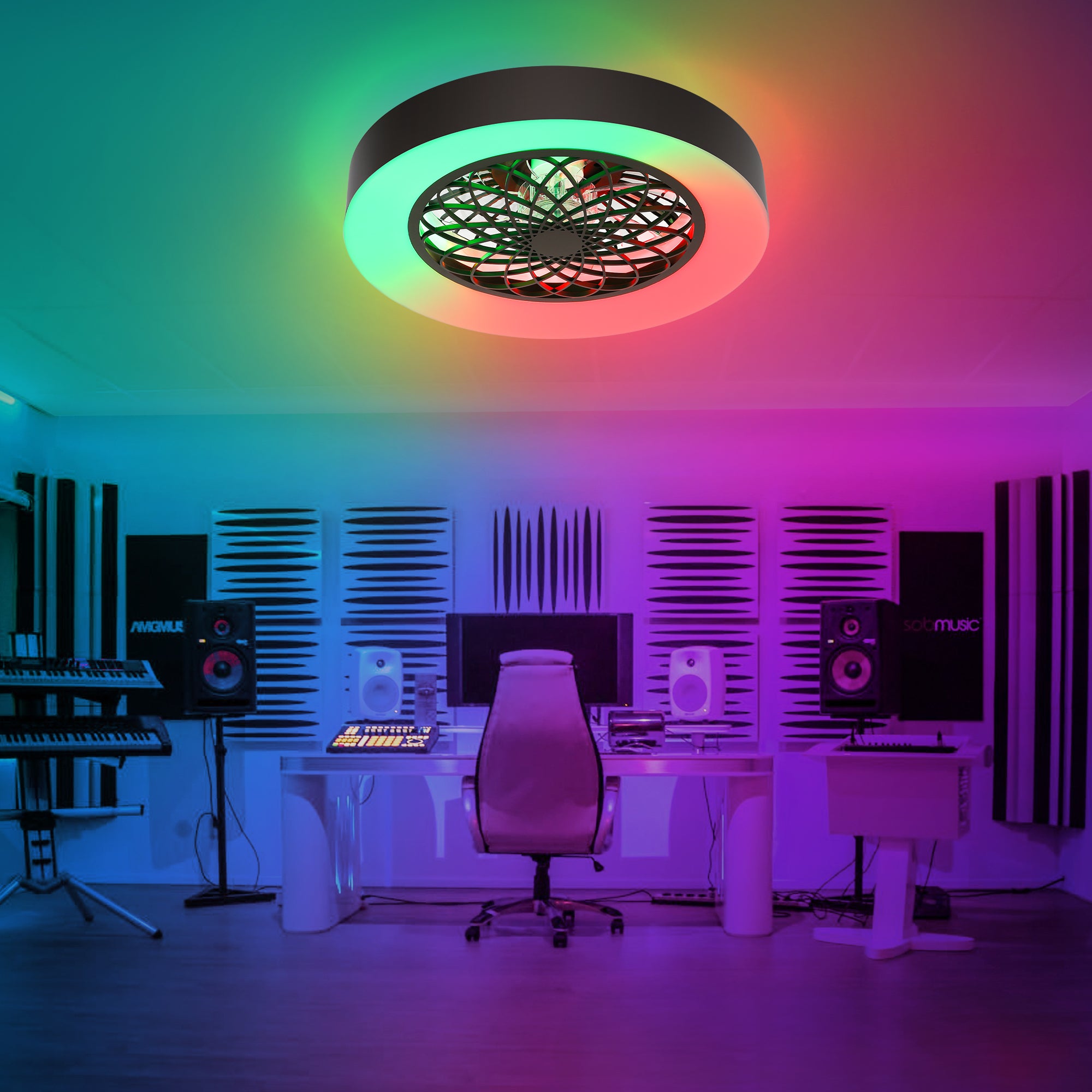 Alvon smart flush mount ceiling fan with RGB ambient lighting in a music room