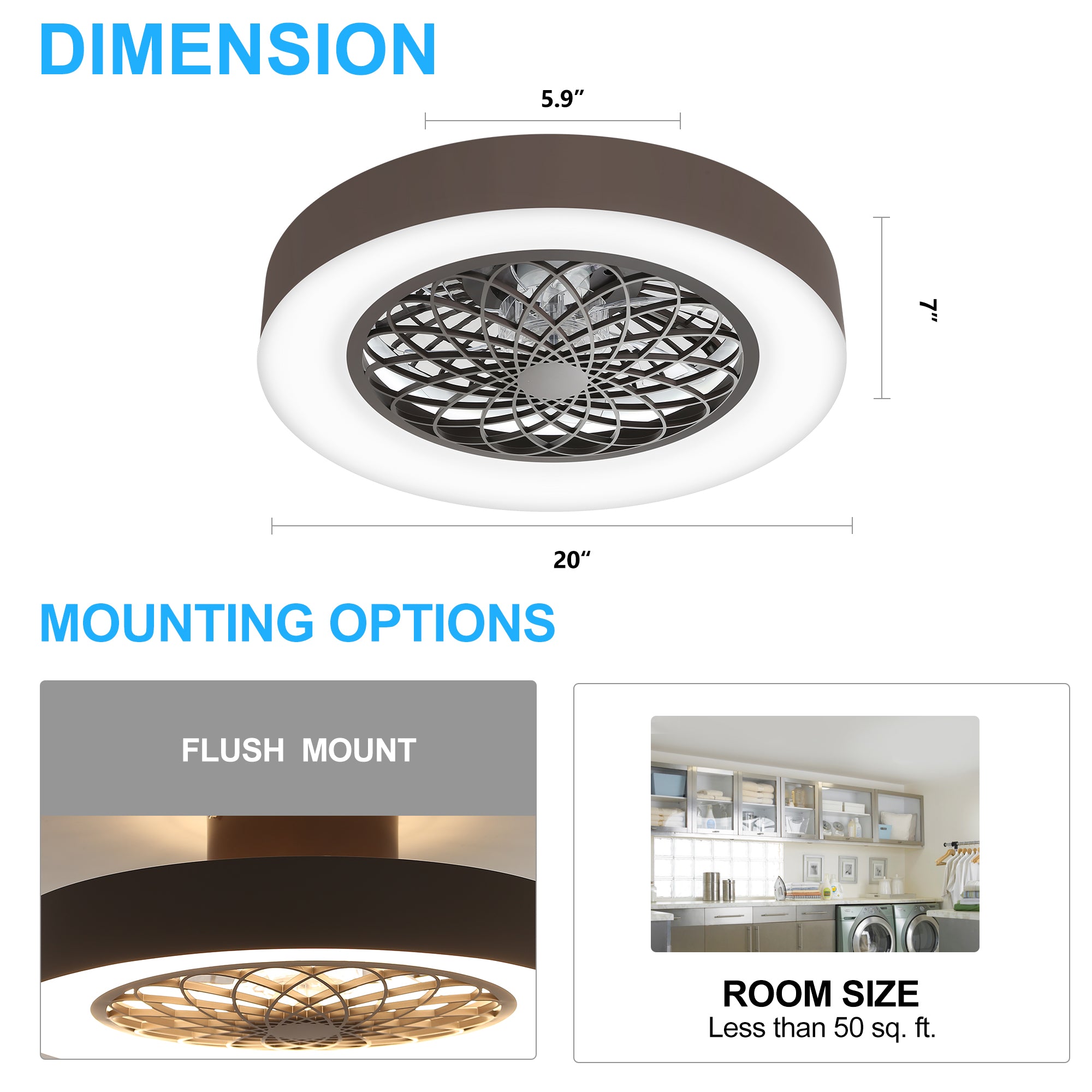 Alvon 20 inch flush mount ceiling fan dimensions showing 20 inch width and 7 inch height