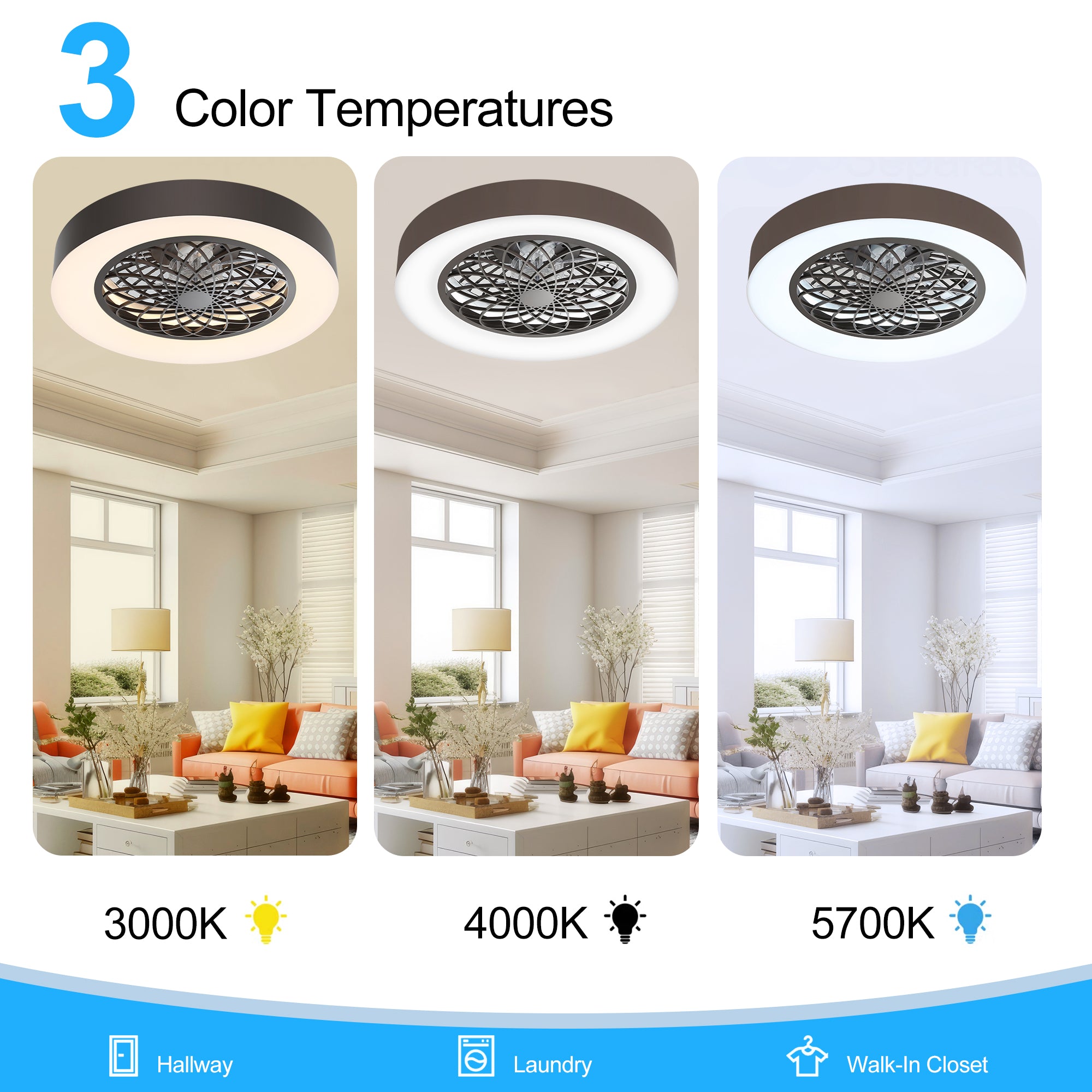 Alvon ceiling fan showing 3000K 4000K and 5700K white light color temperatures