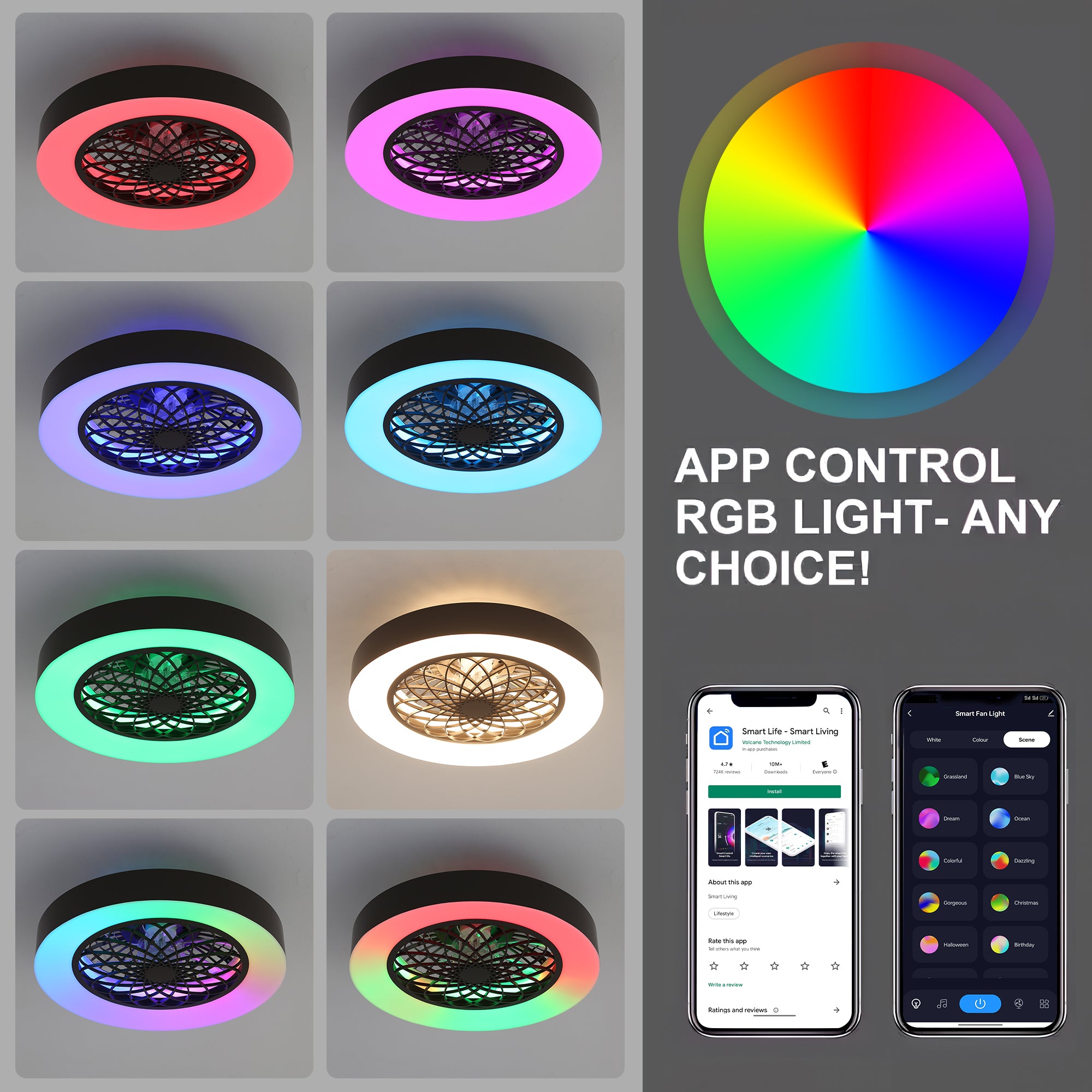 Alvon smart ceiling fan RGB backlight colors controlled through the app