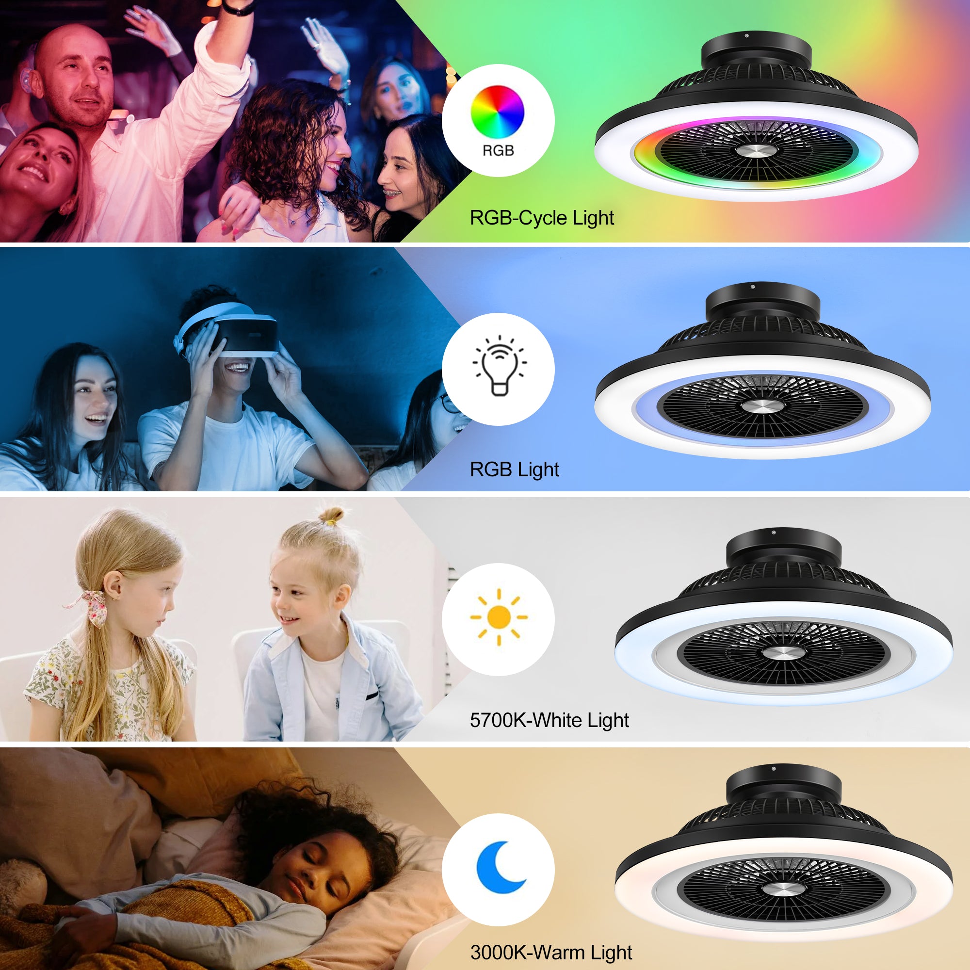 Ardis RGB ceiling fan showing white light RGB light and RGB cycle lighting