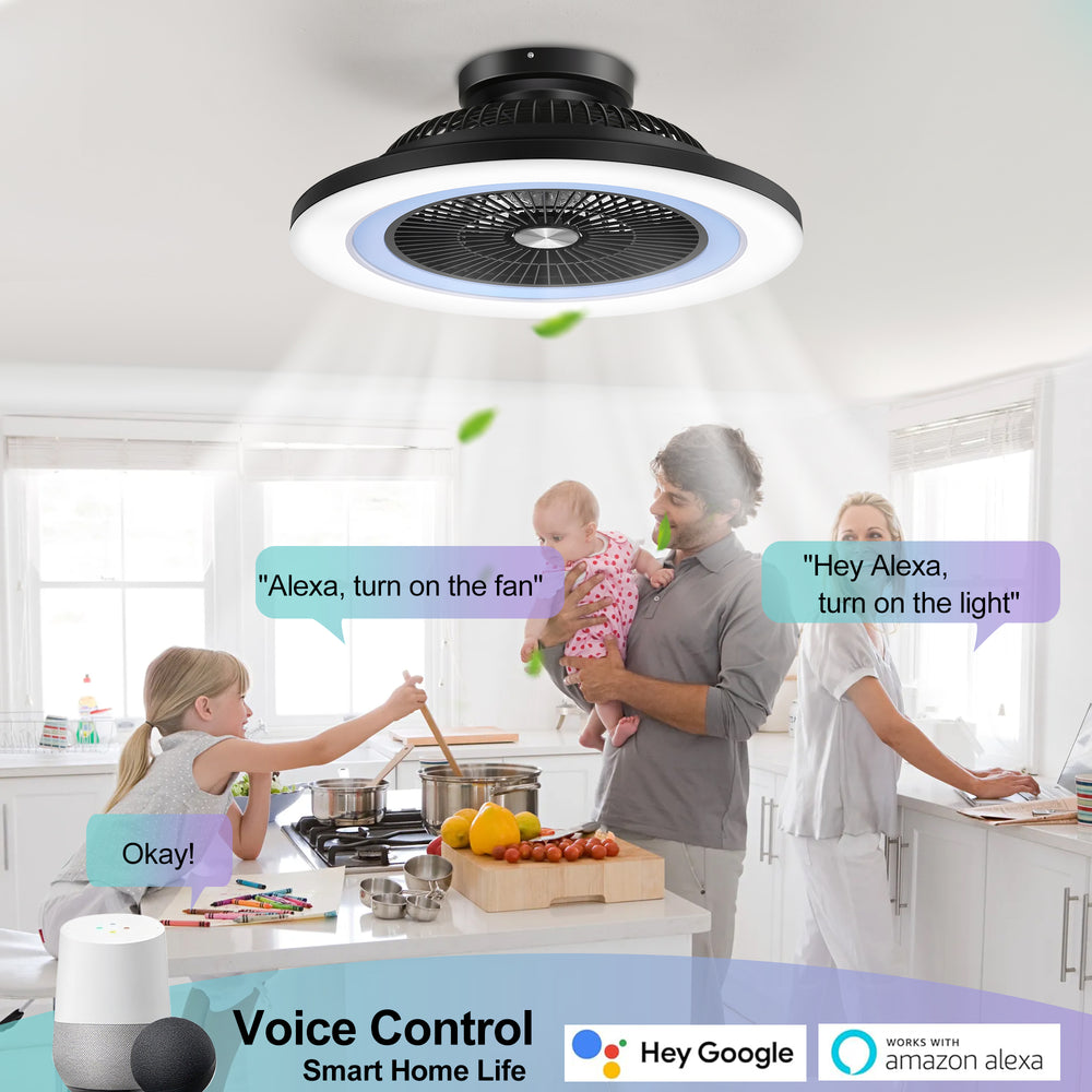 23" Bladeless Ceiling Fan with Light,Low Profile Flush Mount Ceiling Fans with RGB Dimmable Smart LED,Modern Enclosed Fandelier Alexa/Google Assistant/App Control