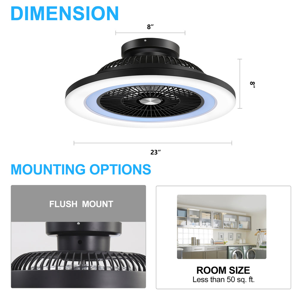 23" Bladeless Ceiling Fan with Light,Low Profile Flush Mount Ceiling Fans with RGB Dimmable Smart LED,Modern Enclosed Fandelier Alexa/Google Assistant/App Control