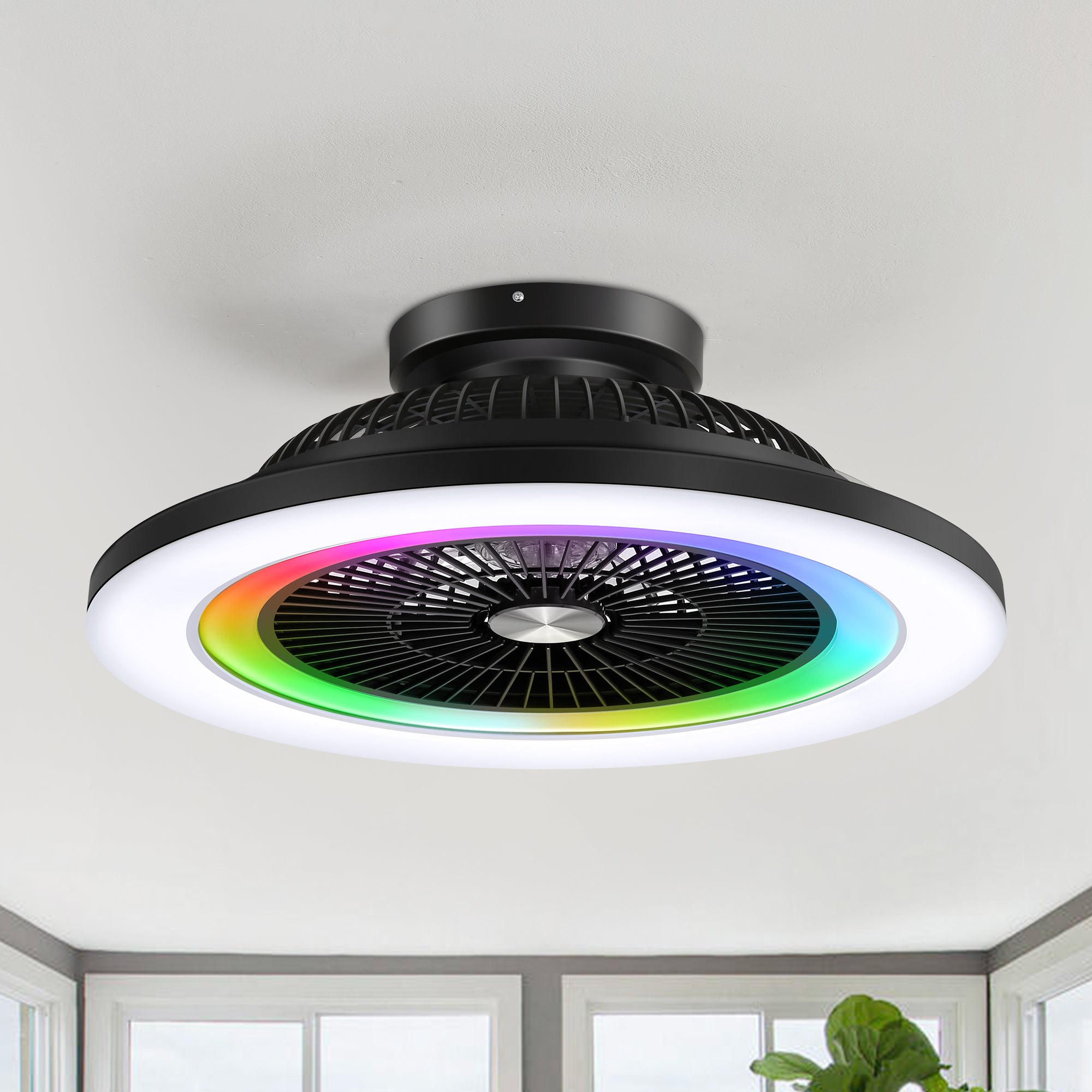 Ardis 23 inch black smart enclosed ceiling fan with RGB light installed on a ceiling