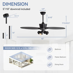 52-inch Matte Black 5-Blade Ceiling Fan with Light and Remote, 4*G9 Bulb，5“ and 10" Downrod Included