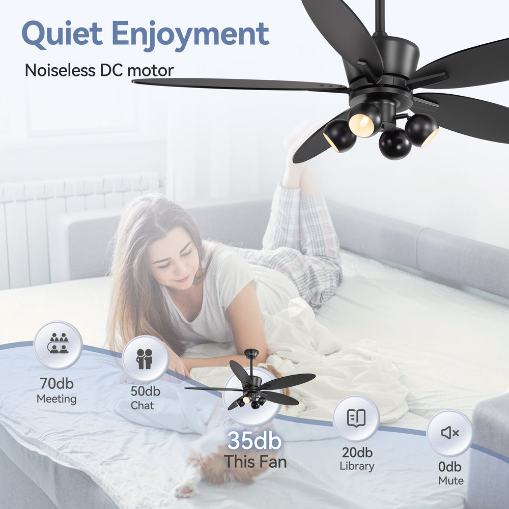 52-inch Matte Black 5-Blade Ceiling Fan with Light and Remote, 4*G9 Bulb，5“ and 10" Downrod Included