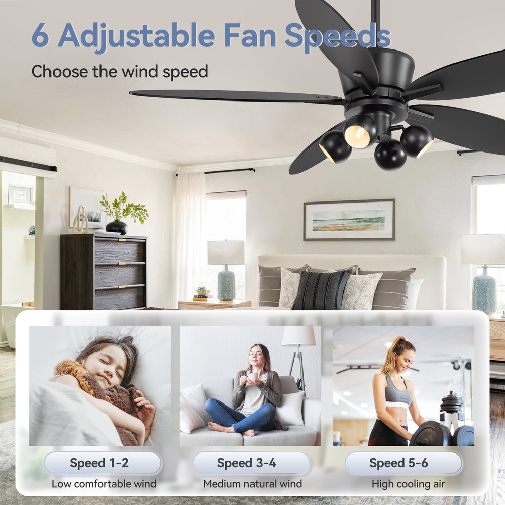 52-inch Matte Black 5-Blade Ceiling Fan with Light and Remote, 4*G9 Bulb，5“ and 10" Downrod Included