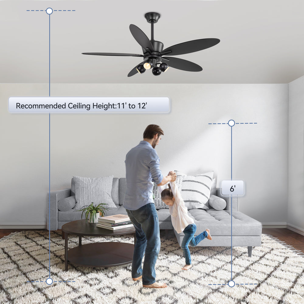 52-inch Matte Black 5-Blade Ceiling Fan with Light and Remote, 4*G9 Bulb，5“ and 10" Downrod Included