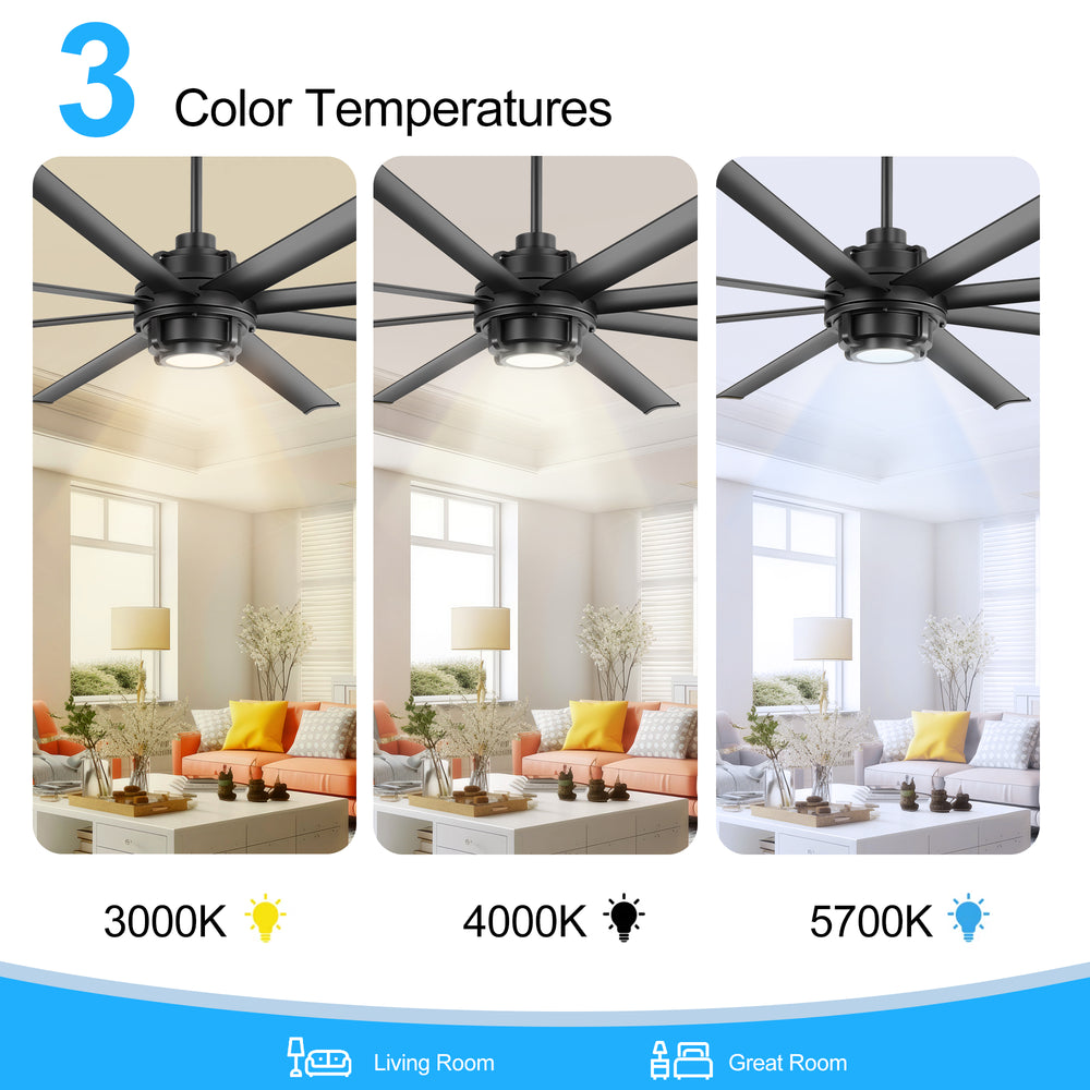 Large 72 Inch 8-Blade Integrated LED Ceiling Fan with Light Remote,7in and 12in Downrod Included