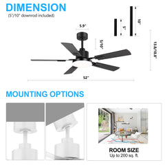 52 Inch 5-Blade  LED Ceiling Fan with Light and Remote,5in and 10in  Downrod Included