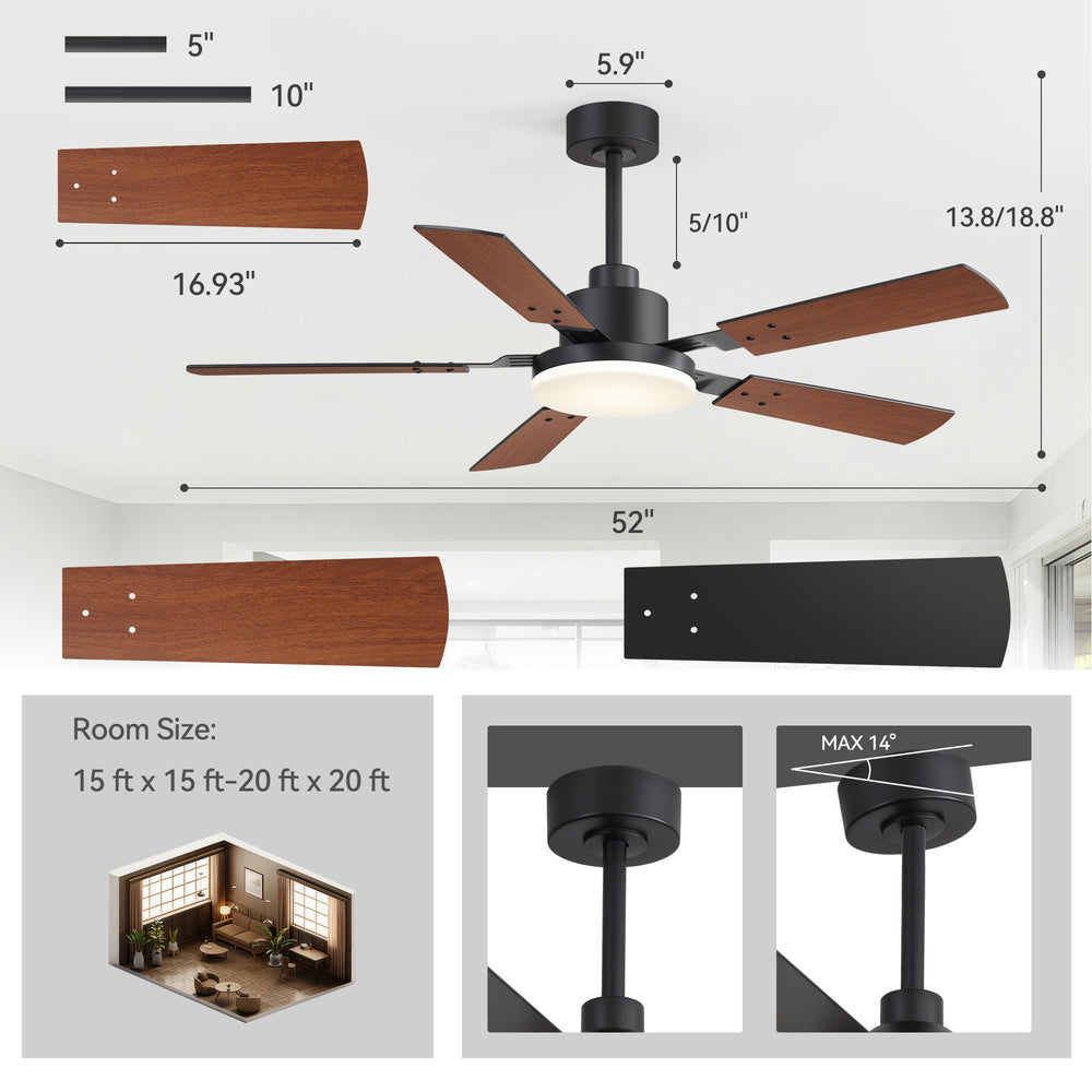 48/52-inch LED Ceiling Fan with Light Remote and 5 Dual-sided Blades, 5” and 10”  Downrod Included