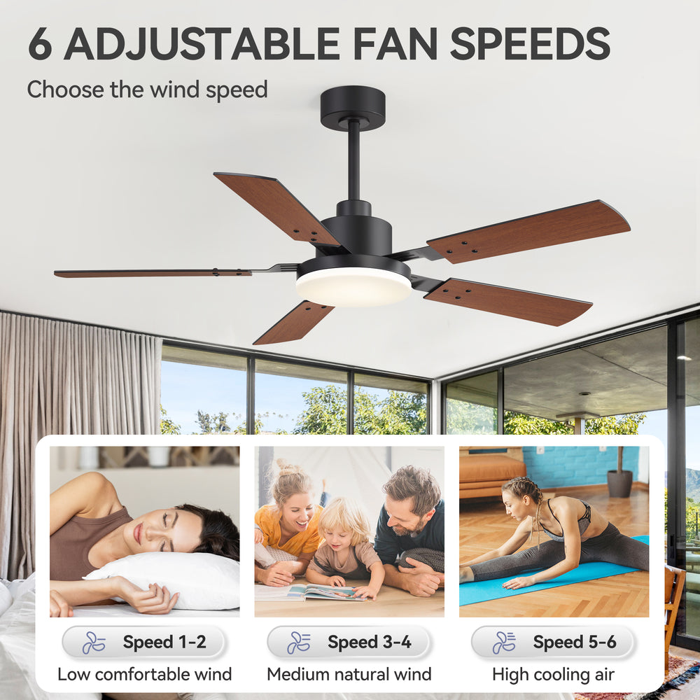 48/52-inch LED Ceiling Fan with Light Remote and 5 Dual-sided Blades, 5” and 10”  Downrod Included