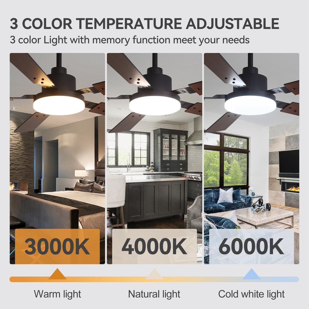 48/52-inch LED Ceiling Fan with Light Remote and 5 Dual-sided Blades, 5” and 10”  Downrod Included