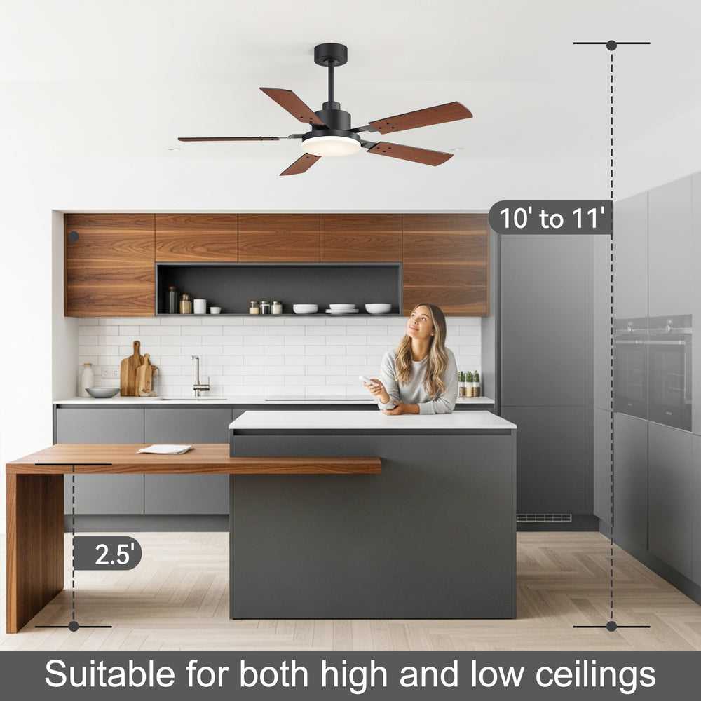 48/52-inch LED Ceiling Fan with Light Remote and 5 Dual-sided Blades, 5” and 10”  Downrod Included