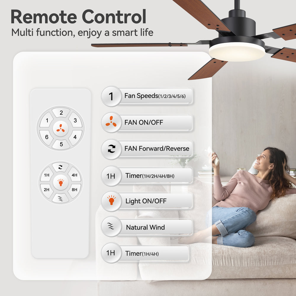 48/52-inch LED Ceiling Fan with Light Remote and 5 Dual-sided Blades, 5” and 10”  Downrod Included