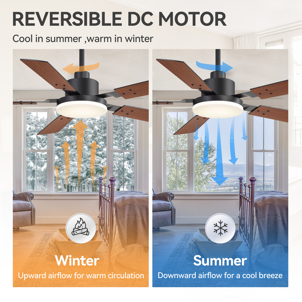 48/52-inch LED Ceiling Fan with Light Remote and 5 Dual-sided Blades, 5” and 10”  Downrod Included