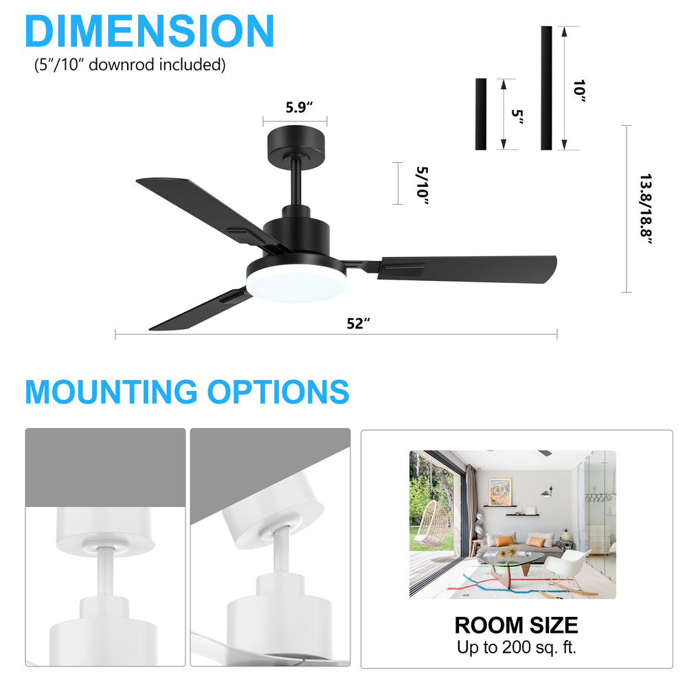 52 Inch LED Ceiling Fan with Light and Remote,3 Reversible Blades with 5in and 10in Downrod Included