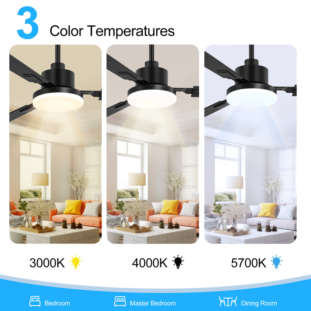 52 Inch LED Ceiling Fan with Light and Remote,3 Reversible Blades with 5in and 10in Downrod Included