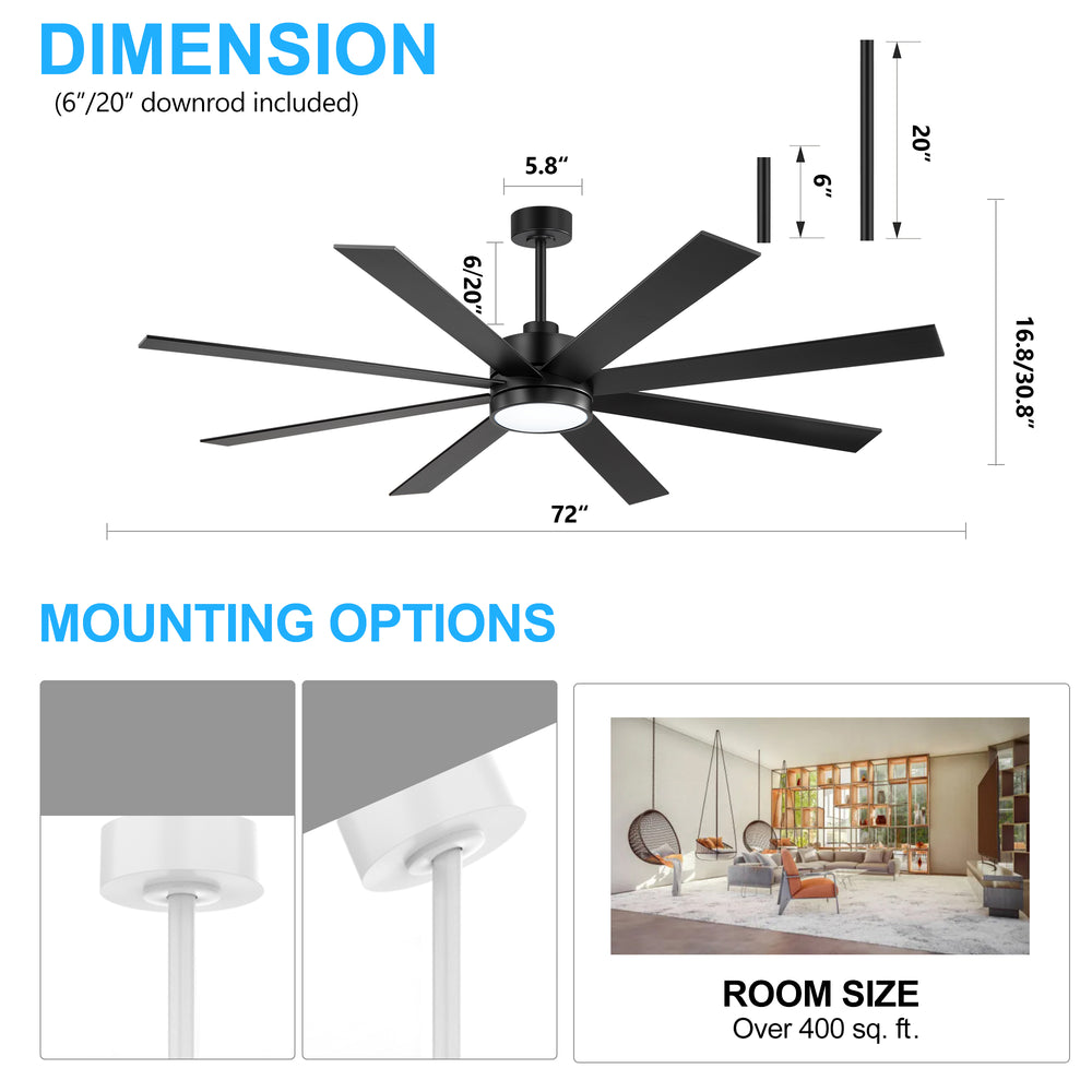 Large 72-inch 8-Blade Integrated LED Ceiling Fan with Light Remote, 6" and 20" Downrod Included