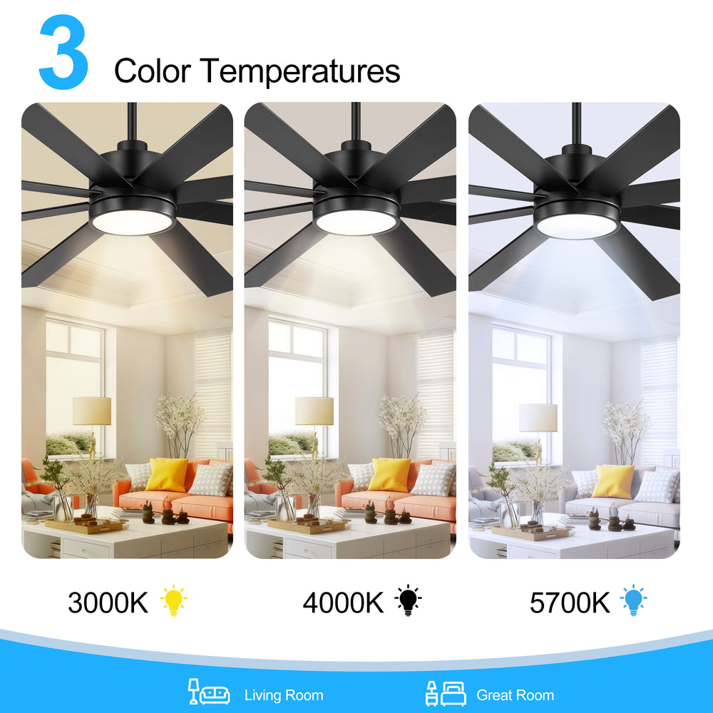 Large 72-inch 8-Blade Integrated LED Ceiling Fan with Light Remote, 6" and 20" Downrod Included