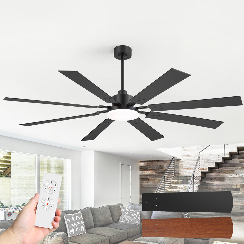 Breezary 72-inch Reversible 8-Blade Silent DC Motor Ceiling Fan with Integrated LED Light - Black