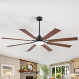 Nerova 72 inch black wood 8 blade ceiling fan with light in a spacious living room