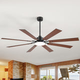 Nerova 72 inch black wood 8 blade ceiling fan with light in a bright living room