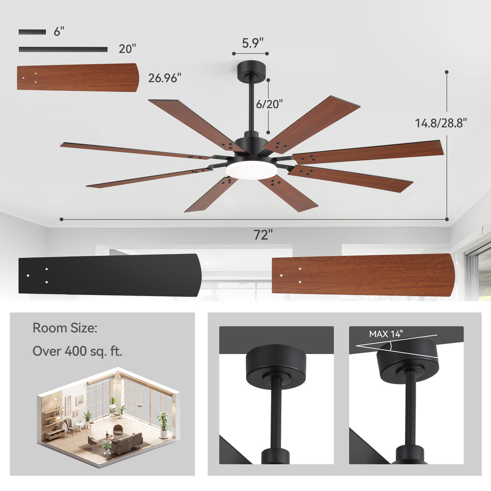 Breezary 72-inch Reversible 8-Blade Silent DC Motor Ceiling Fan with Integrated LED Light - Black