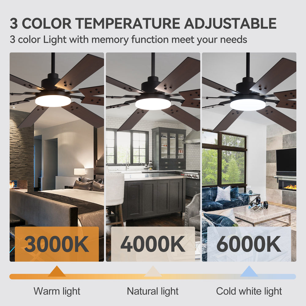 Breezary 72-inch Reversible 8-Blade Silent DC Motor Ceiling Fan with Integrated LED Light - Black