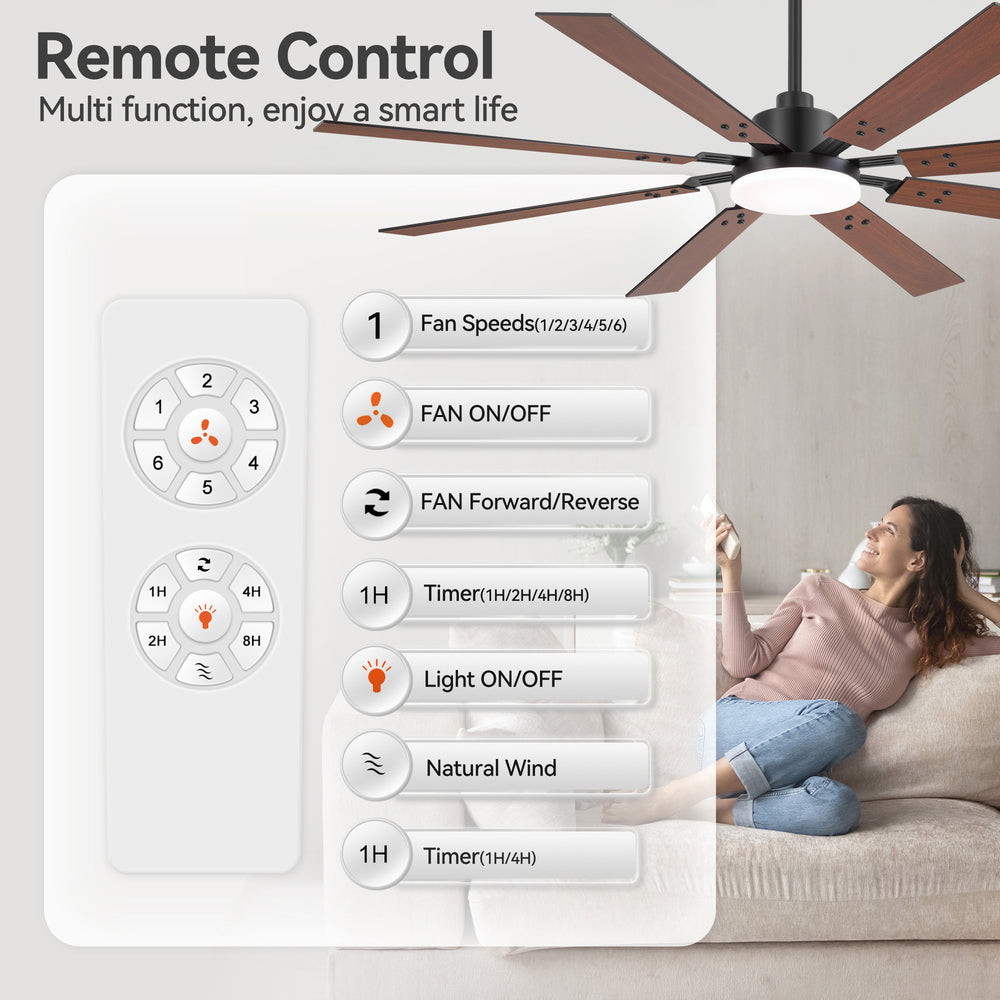 Breezary 72-inch Reversible 8-Blade Silent DC Motor Ceiling Fan with Integrated LED Light - Black