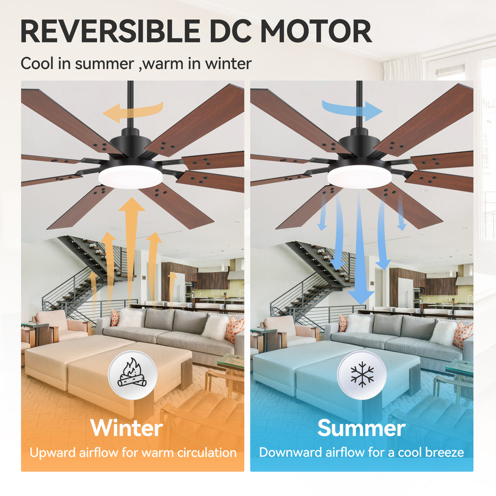 Breezary 72-inch Reversible 8-Blade Silent DC Motor Ceiling Fan with Integrated LED Light - Black