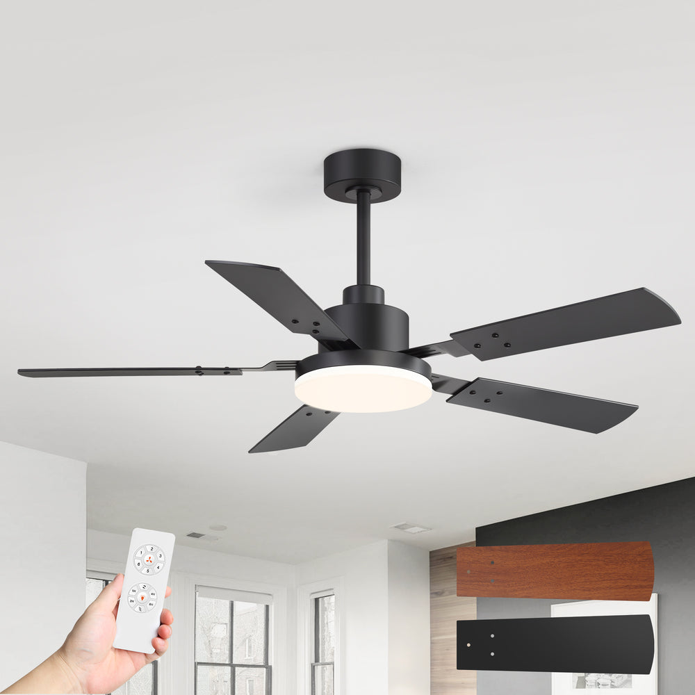 48/52-inch LED Ceiling Fan with Light Remote and 5 Dual-sided Blades, 5” and 10”  Downrod Included