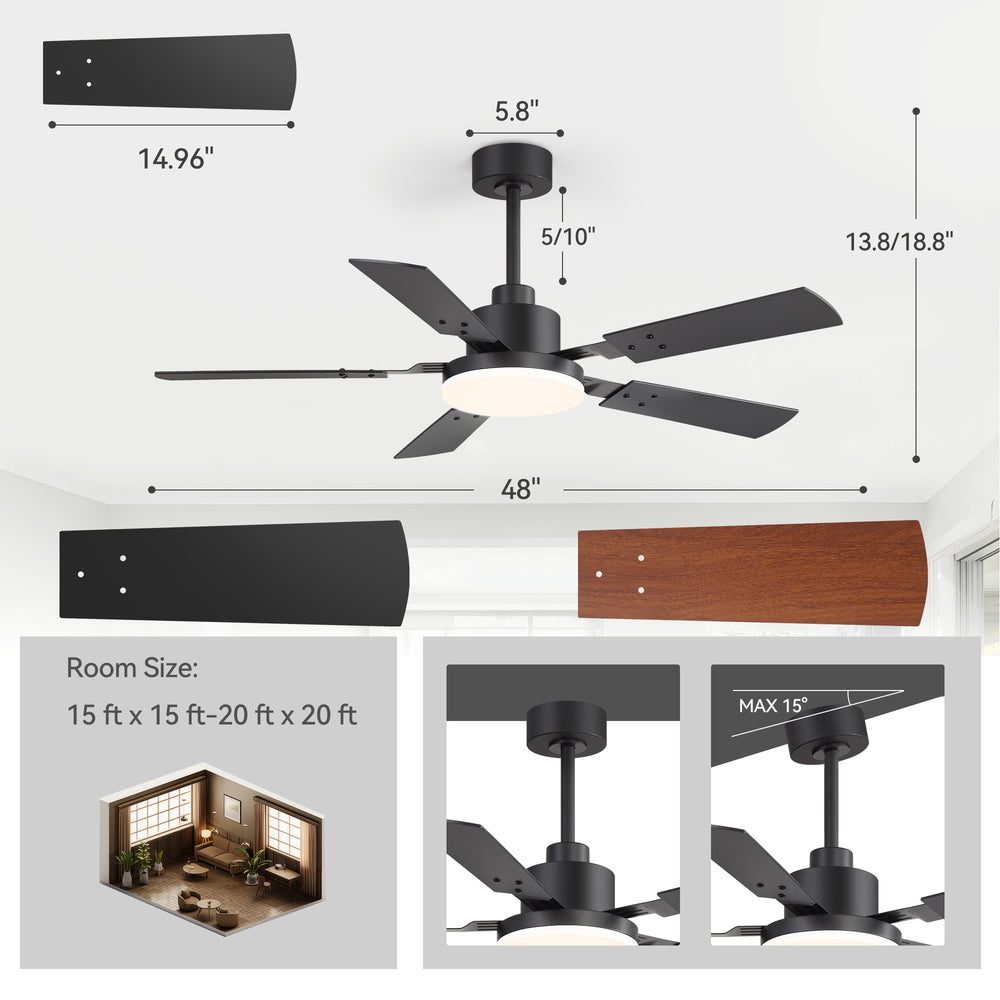 48/52-inch LED Ceiling Fan with Light Remote and 5 Dual-sided Blades, 5” and 10”  Downrod Included
