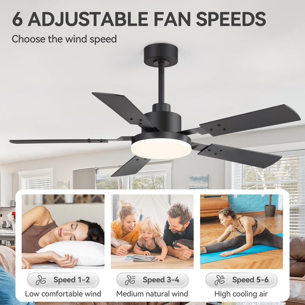 48/52-inch LED Ceiling Fan with Light Remote and 5 Dual-sided Blades, 5” and 10”  Downrod Included