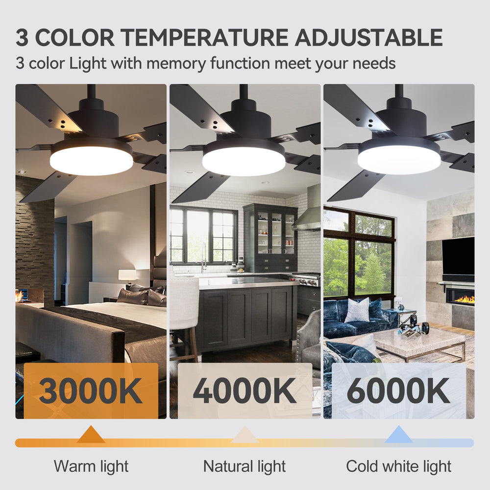 48/52-inch LED Ceiling Fan with Light Remote and 5 Dual-sided Blades, 5” and 10”  Downrod Included