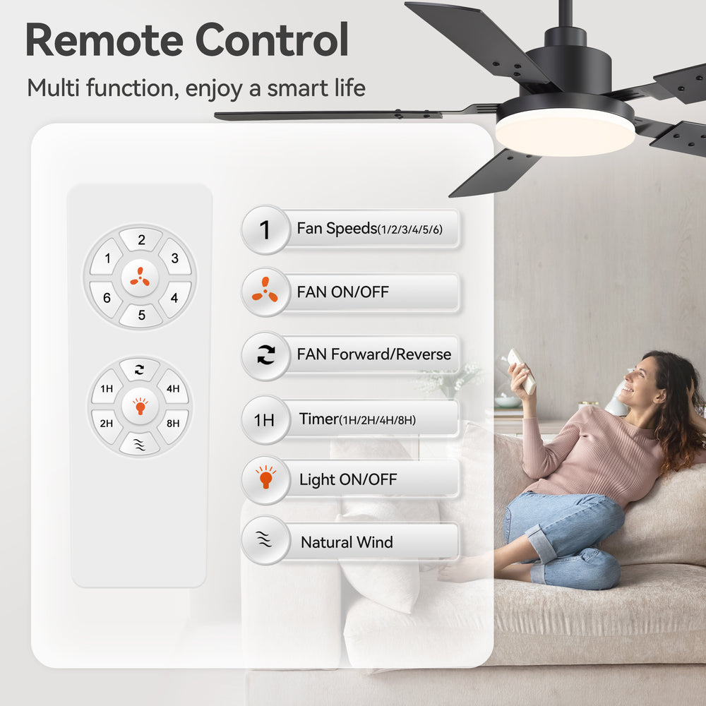 48/52-inch LED Ceiling Fan with Light Remote and 5 Dual-sided Blades, 5” and 10”  Downrod Included
